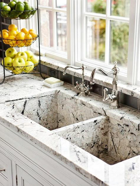 Custom-made granite kitchen sink to match countertops. White Granite Countertops, Outdoor Kitchen Countertops, Double Sinks, Granite Kitchen Sinks, Kitchen Countertop Materials, Stone Kitchen, Granite Countertops Kitchen, Granite Sink, Stunning Kitchens