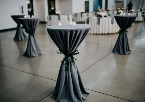 High Table Wedding Decor, Hi Top Table Decor, Tall Party Tables, Black And Silver Table Centerpieces, Black On Black Wedding Decor, Black Cocktail Tables Wedding, Black Cocktail Table Decor, Black And White Cocktail Table Decor, Black High Top Tables Wedding