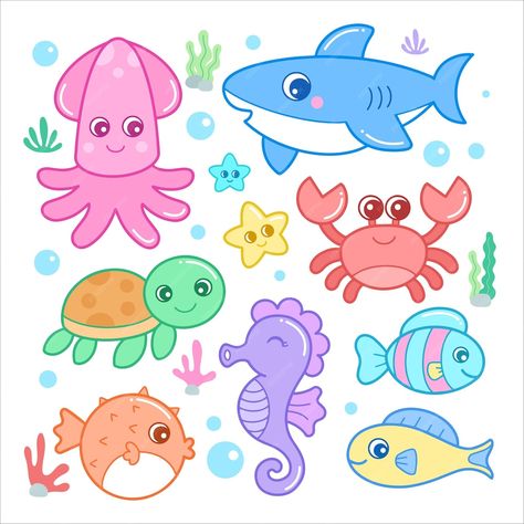 Sea Creatures For Kids, Sea Creatures Drawing, Animal Illustration Kids, Cartoon Sea Animals, Ocean Drawing, Illustration For Kids, Animals Illustration, Ocean Creatures, Easy Crafts For Kids