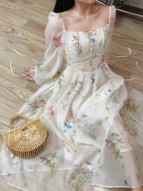 Chiffon Floral Midi Dress Office Lady 2023 Summer Elegant One Piece Dress Korean Fashion Beach Style Elegant Floral Dress Midi, Long Sundress Aesthetic, Cute Sundress Outfits, Korean Dress Ideas, Florals Outfits Dress To Impress, Long Sundress Outfit, Causal Dress Outfits, Long Sleeve Sundress, Salon Outfits