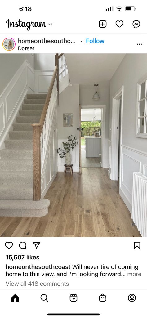 Hall Stairs And Landing Decor, Stairs And Landing Decor, Thrift Store Home Decor, Stairs And Hallway Ideas, Landing Decor, House Renovation Design, Stair Paneling, Entrance Hall Decor, White Hallway