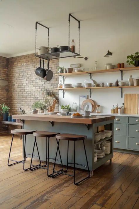 Rustic kitchen with brick walls, a wooden island with stools, and hanging pots above. Wooden Stool Designs, Kitchen Island Stools, Wood Combinations, Affordable Farmhouse, Farmhouse Rustic Kitchen, Kitchen Vibes, Farmhouse Bar Stools, Farmhouse Stools, Painted Stools