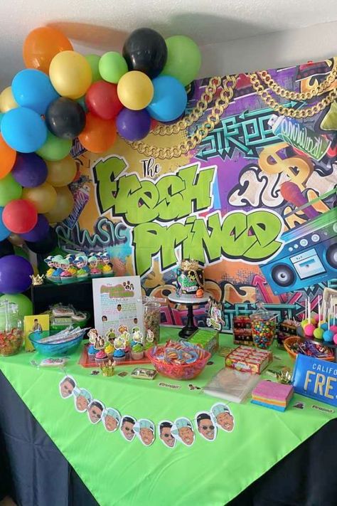 Check out this awesome Fresh Prince of Bel-Air-themed 1st birthday party! The dessert table is so cool! See more party ideas and share yours at CatchMyParty.com The Fresh One Birthday Party, Prince Theme Party, Fresh Prince Theme, 1 Year Birthday Party Ideas, Prince Birthday Theme, Prince Baby Shower Theme, Boy 16th Birthday, Prince Birthday Party, Pregnancy Affirmations