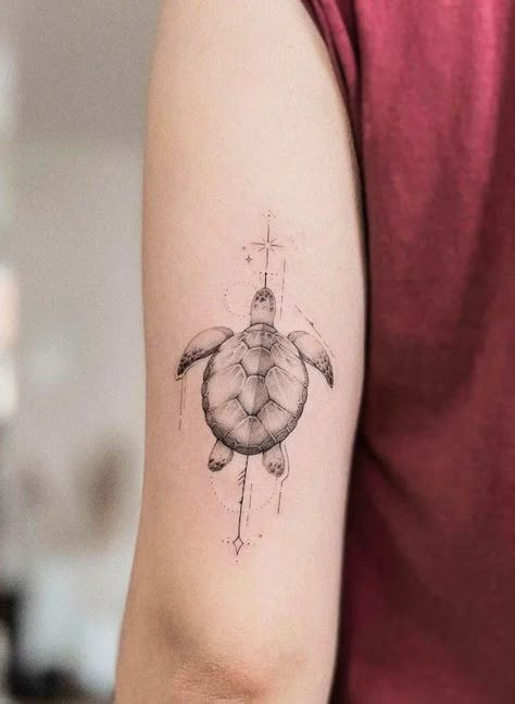 Turtle Design Tattoo, Arm Turtle Tattoo, Turtle Tattoo Back Of Arm, African Turtle Tattoo, Meaningful Turtle Tattoos, Linework Turtle Tattoo, Turtle Tatoos Ideas, Elegant Turtle Tattoo, Turtle Line Art Tattoo