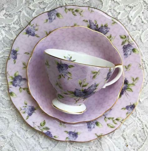 Tableware - Cup, Saucer, and Breakfast Plate Purple Tea Cups, China Crockery, Purple Plates, Plates And Cups, Dream Tea, Purple Floral Pattern, Pretty Tea Cups, Breakfast Plate, Vintage Tableware