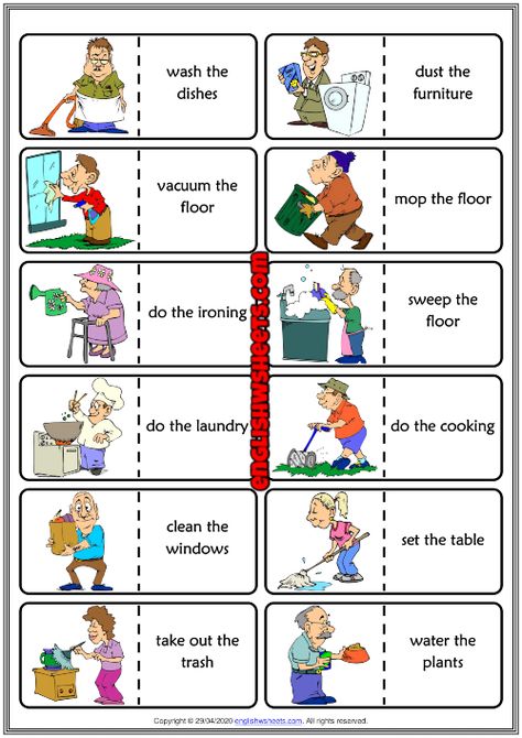 Household Chores Pictures, Chores Worksheet, Vocabulary Games For Kids, Dominoes Game, Esl Vocabulary, Age Appropriate Chores, Esl Activities, Preschool Colors, House Chores