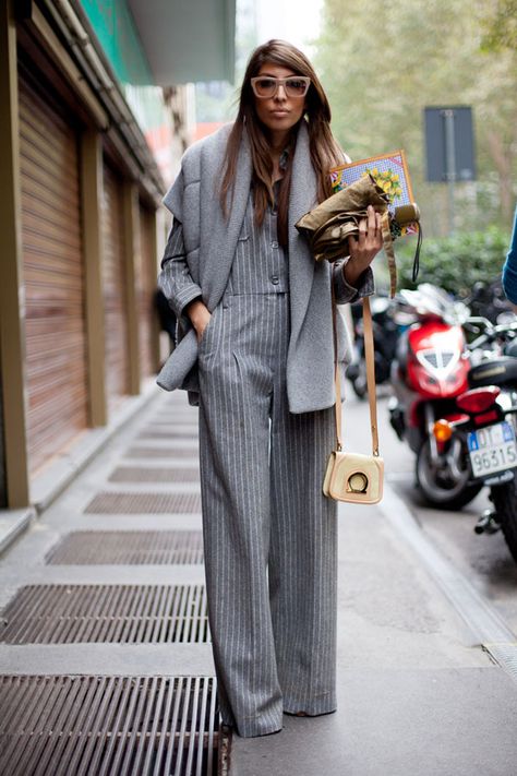 One of those unexpected street style hits: all gray done up in pinstripes and luxe wool.   - HarpersBAZAAR.com Milan Fashion Week Street Style, Walking Down The Street, Chique Outfits, Fashion Articles, Looks Street Style, Women Street, Spring Street Style, Mode Inspo, Work Outfits Women