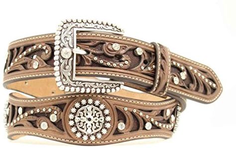 Ariat Women's Scalloped Hand Tooled And Embellished Western Belt - A1513002 Western Belts For Women, Ariat Belts, Buckle Bunny, Cowgirl Belts, Bling Belts, Womens Belt, Western Brown, Leather Belt Buckle, Cloth Belt