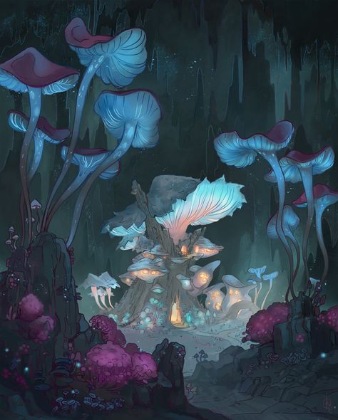 ArtStation - Fungal Grotto, (Angevere) Ona Kristensen Fantasy Flora, Story Hooks, Book Locations, Worldbuilding Inspiration, Dnd Locations, Get Some Rest, Mermaid Stories, Giant Mushroom, Magic Places