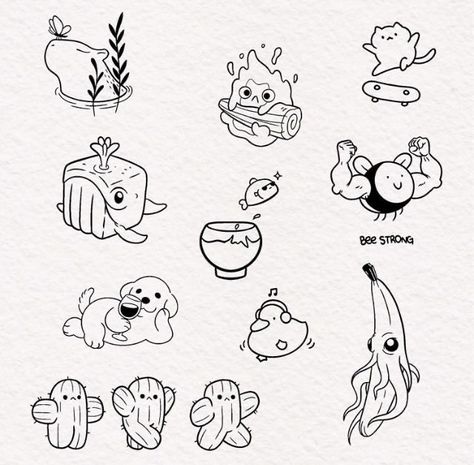 Random Doodle Tattoo, Funny Flash Tattoo Ideas, Silly Animals Drawings, Doodle Tattoo Ideas, Small Funny Tattoos, Funny Small Tattoos, Flash Designs, Cool Stencils, Tiny Creatures