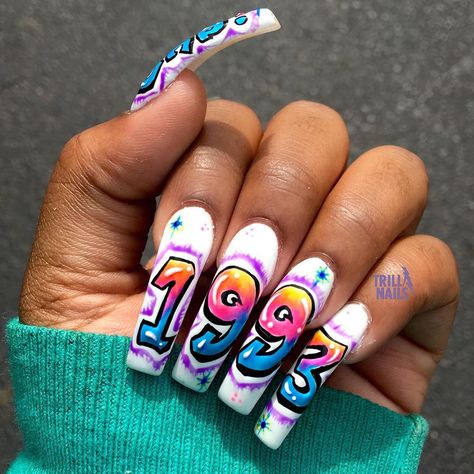 Domo Nails, 90s Nails, Poppin Nails, Graffiti Nails, Airbrush Nails, Long Nail Designs, Edgy Nails, Grunge Nails, Baby Nails