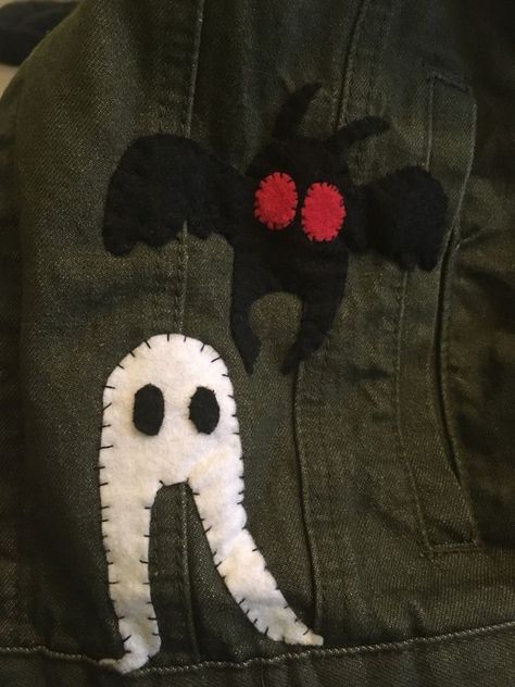 Patches On Pants Ideas, Cryptidcore Diy, Cryptidcore Jacket, Patches For Pants, Cryptid Clothes, Mothman Embroidery, Mothman Outfit, Mothman Costume Diy, Cryptid Embroidery