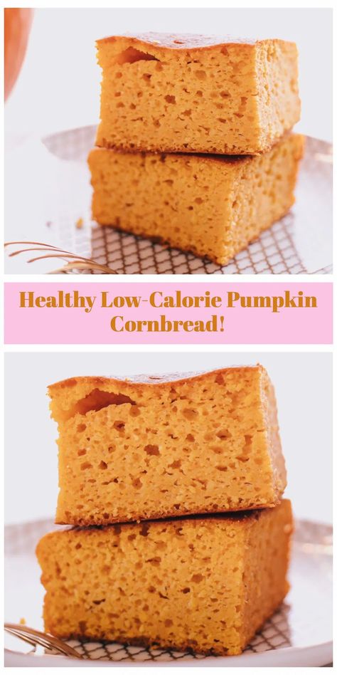 Healthy, Easy, Low-Calorie (141 calories a slice) Pumpkin Cornbread Recipe! Pumpkin Cornbread Recipe, Low Calorie Pumpkin, Healthy Pumpkin Dessert, Whole Food Desserts, Pumpkin Cornbread, Low Calorie Recipes Dessert, Healthy Cake Recipes, Cornbread Recipe, Low Calorie Desserts