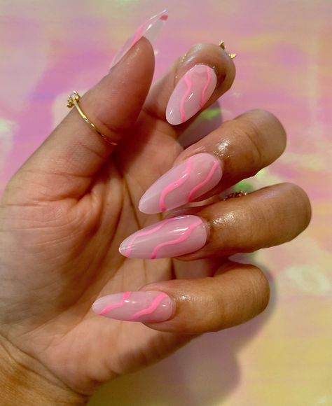 Oval Line Press on Nails Long Oval Acrylic Nails, Mid Length Nails, Pink Clear Nails, Extra Nails, Oval Acrylic Nails, Claw Nails, Nail Pops, Work Nails, Oval Nails