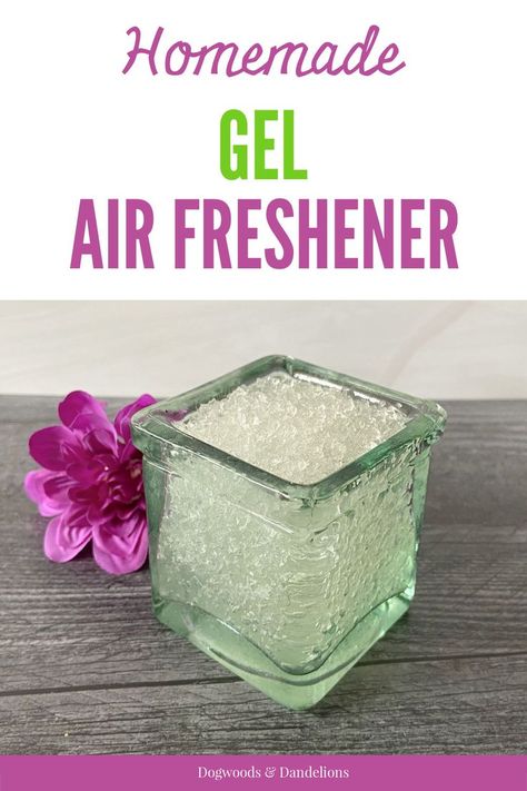 a container of homemade gel air freshener beside a purple flower Tea Tree Oil Air Freshener, How To Make Gel Air Fresheners, Diy Air Freshener With Fabric Softener, Gel Air Freshener Diy, Air Freshener Diy Essential Oils, Handmade Air Freshener, Old Candle Jars, Candles Homemade, Homemade Air Freshener