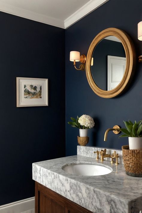 Step into sophistication with Hale Navy (HC-154) in your bathroom. Discover how to infuse nautical elegance into your daily interior design routine with this stunning color palette. #Ad #homedecor #homedesign #bathroom #Painthome interiorarchitecture best Wall Colors for Bathroom Colors Bright Room Colors best colors combinations bathroom bathroom Remodeling Modern Paint Colors 2024 Bathroom With Navy Walls, Blue Painted Bathrooms, Navy Paint Bathroom, Navy Wall Bathroom, Navy Bathroom Paint, Hale Navy Powder Room, Navy House Interior, Hale Navy Bathroom Walls, Navy Half Bathroom