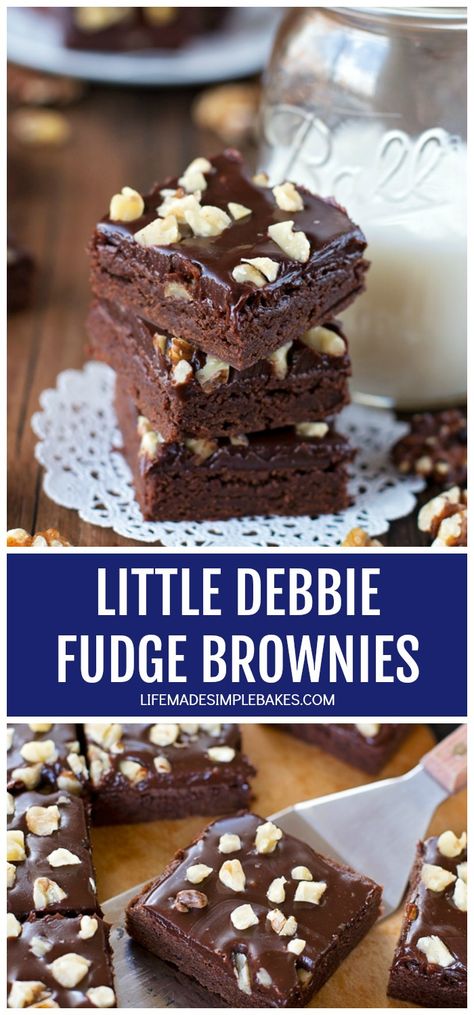 These homemade little debbie fudge brownies are thick, dense and topped with a decadent ganache and toasted walnuts. They're heavenly! #littledebbiefudgebrownies #fudgebrownies #littledebbiebrownies #homemadelittledebbiebrownies #homemadebrownies Fudge Brownie Recipe, Walnut Fudge, Double Chocolate Muffins, Little Debbie, Brownie Ingredients, Brownies Recipe, 9x13 Baking Dish, Toasted Walnuts, Fudge Brownies