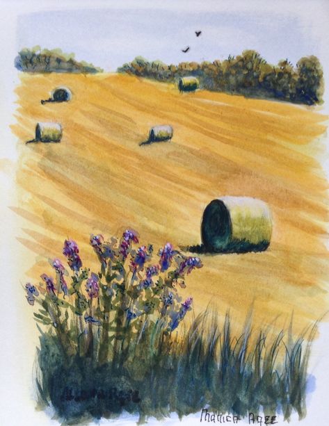 Watercolor Hay Bales, Wheat Field Painting Watercolors, Hay Field Painting, Watercolor Corn Field, Cornfield Watercolor, Farm Drawing Landscape, Farm Scene Painting, Farm Watercolor, Watercolor Field