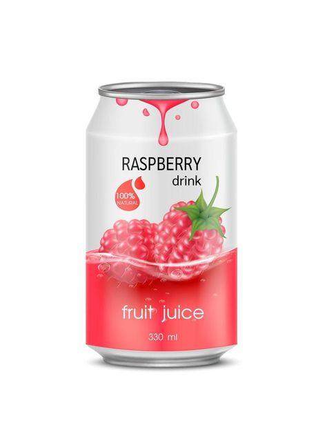 Raspberry juice soft drink in aluminum can and design of raspberry fruit red packaging mock up.  Isolated on a white background. Realistic vector EPS10 illustration. Raspberry Juice, Raspberry Drink, Red Packaging, Raspberry Fruit, Aluminum Can, Fruit Juice, Soft Drinks, Mock Up, Packaging Design