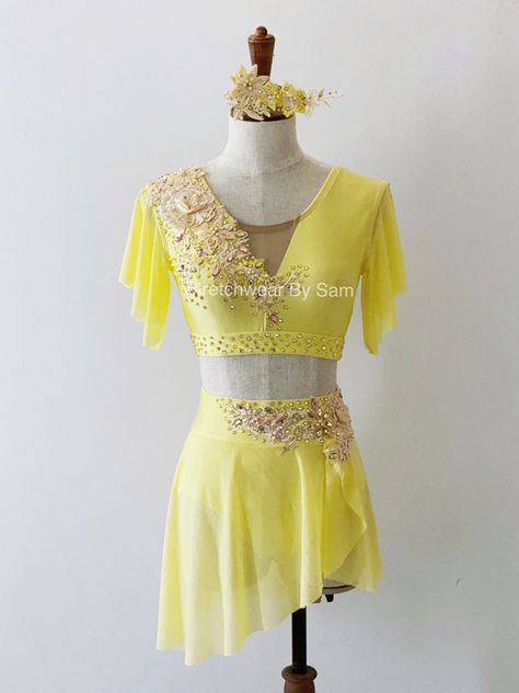 Yellow Dance Costume, Cute Dance Costumes, Pretty Dance Costumes, Dance Costumes Dresses, Contemporary Dance Costumes, Contemporary Ballet, Custom Dance Costumes, Dance Competition Costumes, Yellow Costume