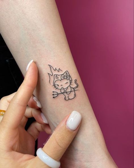 Rate This Tattoo ideas From ⭐1~10. SAVE & FOLLOW i will update everyweek. Devil Hello Kitty Tattoo, Tatuajes Hello Kitty Tattoos, Small Hello Kitty Tattoo, Tattoo Hello Kitty, Hello Kitty Tattoo Ideas, Tatuaje Hello Kitty, Moomin Tattoo, Watercolor Tattoo Ideas, Hello Kitty Tattoo