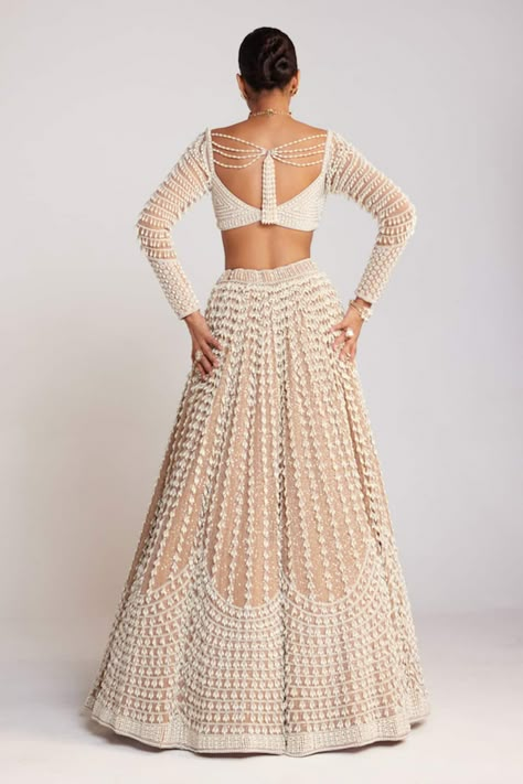 Buy Beige Blouse And Lehenga: Georgette Embellished Pearls Chandelier Set For Women by Vvani by Vani Vats Online at Aza Fashions. Pearl Lehenga, Cancan Lehenga, Vani Vats, Raw Silk Lehenga, Full Sleeve Blouse, Georgette Lehenga, Indian Outfits Lehenga, Lehenga Designs Simple, Georgette Dupatta