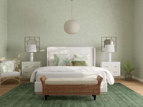 Pale Green Bedroom In Transitional Style | Transitional-Style Bedroom Design Ideas Pale Green Bedroom, Pale Green Bedrooms, Light Green Rooms, Transitional Style Bedroom, Bed Benches, Light Green Bedrooms, Green Bedroom Walls, Light Green Walls, End Of Bed Bench