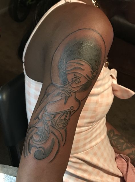 Woman Libra Tattoo, Libra Half Sleeve Tattoos For Women, Libra Sleeve Tattoos For Women, Libra Tattoo Black Woman, Libra Woman Tattoo, Libra Arm Tattoos For Women, Black Libra Goddess Tattoo, Lady Libra Tattoo, Libra Lady Tattoo