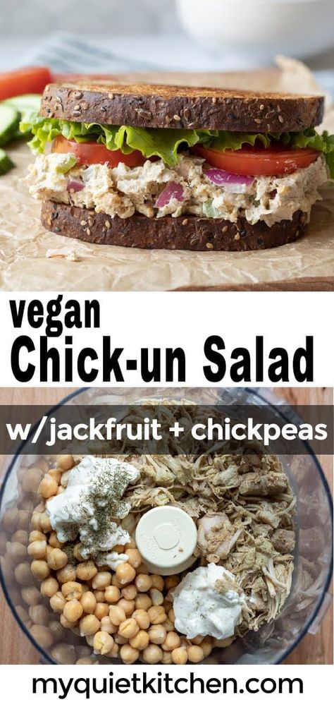 Creamy, easy, and flavorful vegan chicken salad. Made with healthy, whole-food ingredients like chickpeas, fresh veggies, and oil-free mayo. Perfect for meal prep, lunches, and snacks. Gluten-free, too! Sandwiches Cold, Best Vegan Chicken, Vegan Salad Dressing Recipes, Sandwich Spreads, Vegan Chicken Salad, Vegetarian Sandwiches, Vegan Sandwich Recipes, Vegan Dips, Jackfruit Recipes