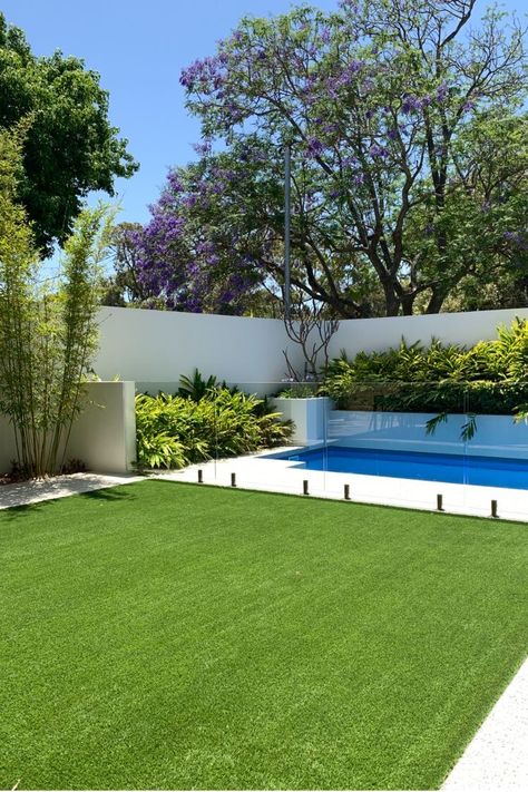 Pool Landscaping Canada, Backyard And Pool Ideas, Simple Backyard With Pool Ideas, Pool In A Small Yard, Pool In The Backyard, Simple Backyard Landscaping With Pool, Gardens With Pools, Pool And Landscape Ideas, Simple Backyard With Pool