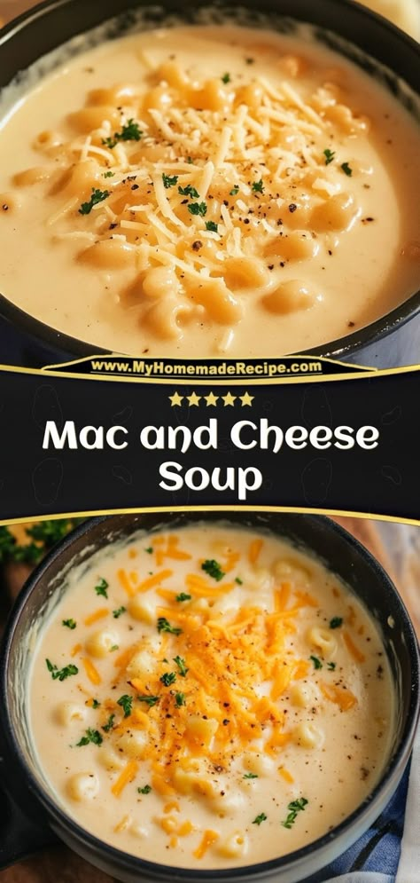 This mac and cheese soup is creamy, cheesy, and the ultimate comfort food. Perfect for mac and cheese lovers! Ingredients: 1 cup elbow macaroni, cooked 4 cups chicken broth 1 cup shredded cheddar cheese 1 cup heavy cream Enjoy this soup topped with extra cheese for a rich, indulgent meal Mac And Cheese Soup, Chicken Macaroni Soup, Mac N Cheese Soup, Macaroni Soup Recipes, Hearty Chicken Soup, Kiss The Chef, Soup Night, Cheddar Cheese Recipes, Cheesy Macaroni