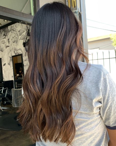 Hazel Brown Highlights On Black Hair, Hazel Brown Hair Color On Black Hair, Hazel Brown Hair With Highlights, Sun Kissed Bronde Balayage, Hazel Highlights On Dark Hair, Brownie Balayage, Bronde Balayage On Dark Hair, Hazel Brown Hair Color, Hazel Brown Hair