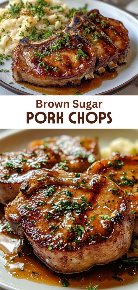 Enjoy the sweet and savory flavor of Brown Sugar Pork Chops! This easy recipe is perfect for weeknight dinners and will impress your family and friends. Tender pork chops coated in a delicious brown sugar glaze make for a mouthwatering meal. Serve with your favorite sides for a complete dish! Garlic Brown Sugar Pork Chops, Eating European, Brown Sugar Pork Chops, Easy Pork Chops, Easy Pork Chop Recipes, Pork Chop Dinner, Pork Chop Recipes Baked, Food Recipes Easy, Pork Ham