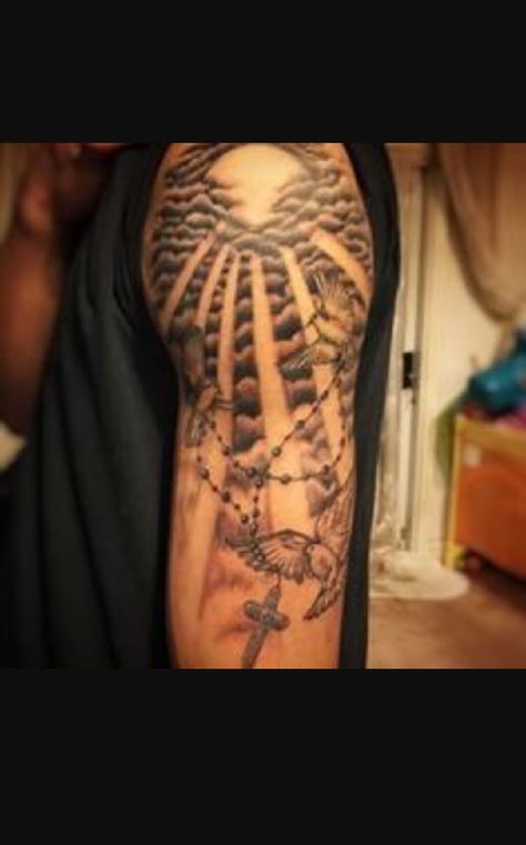 Religious Tattoos For Men, Religious Tattoo Sleeves, Bodysuit Tattoos, Ray Tattoo, Tattoo Inspiration Men, Religious Tattoo, Cloud Tattoo, Half Sleeve Tattoos For Guys, Religious Tattoos