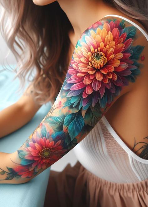 A watercolor chrysanthemum birth flower tattoo captures the essence of beauty and creativity. Ideal for November-born individuals. Floral And Lace Tattoo, Vibrant Flower Tattoo, Colourful Sleeve Tattoo, Mandala And Flower Tattoo, Watercolor Sleeve Tattoo, November Tattoo Ideas, Colorful Tattoos For Women, Dahlia Flower Tattoo, Dahlia Tattoos