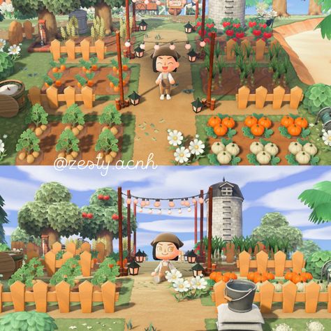 This image shows an animal crossing new horizons design of a vegetable farm with a pathway going up the middle lighted by arched string lights . Outdoor Areas Acnh, Animal Crossing Produce Garden, Anch Farmers Market, Farm Area Animal Crossing, Acnh Outdoor Market, Acnh Eating Area, Acnh Produce Garden, Acnh Food Market, Acne Farm Ideas