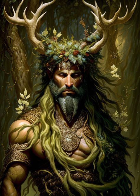 Detailed artwork of a forest deity with antlers, foliage crown, beard, and armor, emanating mystical power and presence. Silvanus Dnd, Silvanus God, Deer Man Art, Forest Deity, Todd Lockwood, Celtic Deities, Forest People, Wiccan Art, Witch Pictures