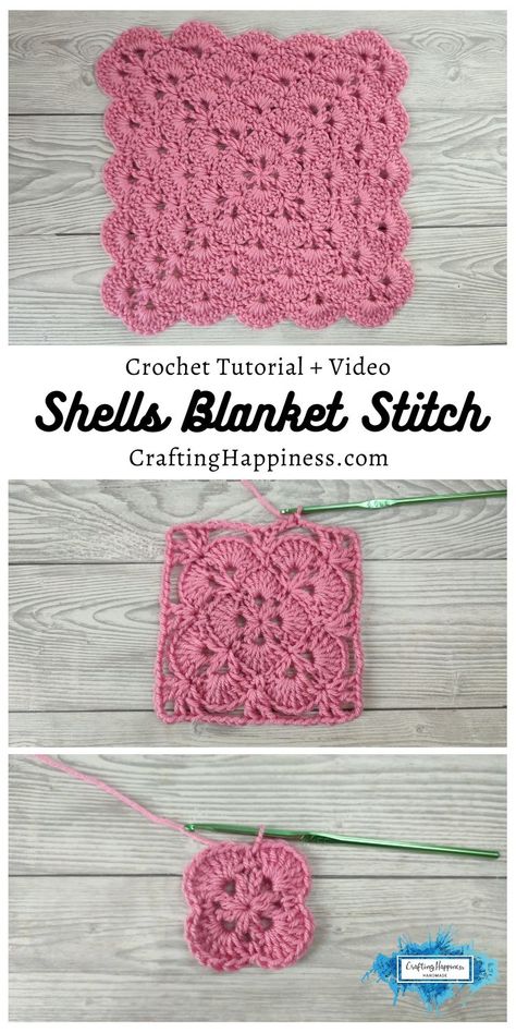 Learn how to crochet the Shells Blanket Stitch. Step-by-step tutorial & video from Crafting Happiness. Easy tutorial for beginners Crochet Continuous Granny Square Blanket, Crochet Shell Blanket, Crochet Blanket Stitches, Crazy Crochet, Crochet Shell, Star Crochet, Crochet Shell Stitch, Easy Crochet Blanket, Crochet Blanket Designs