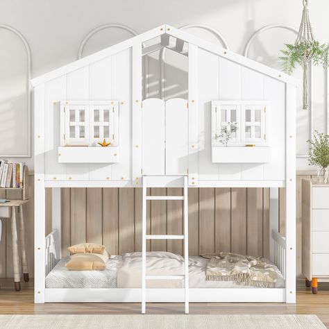 Harper Orchard Westhoughton Twin Kids Beds Twin over Twin House Bunk Bed with Roof | Wayfair Twin House Bed, Twin House, Bed Stairs, House Bunk Bed, Daybed With Drawers, Bed Twin, Daybed With Storage, Roof Window, Kids Bunk Beds