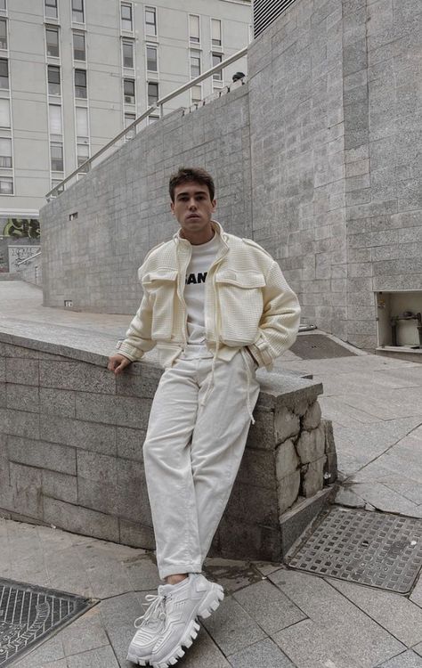 Men Aesthetic Streetwear, Monochrome Male Outfit, White Outfit Men Aesthetic, White Male Outfit, Winter Male Outfits, Men Monochrome Outfit, Monochromatic Outfit Men, Monochrome Outfit Men, Monochrome Streetwear