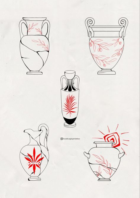 Asian Vase Tattoo, Small Vase Tattoo, Vase Tattoo Simple, Ancient Greece Tattoo, Greek Vase Tattoo, Vessel Tattoo, Vase Tattoos, Greece Tattoo, Greek Drawing