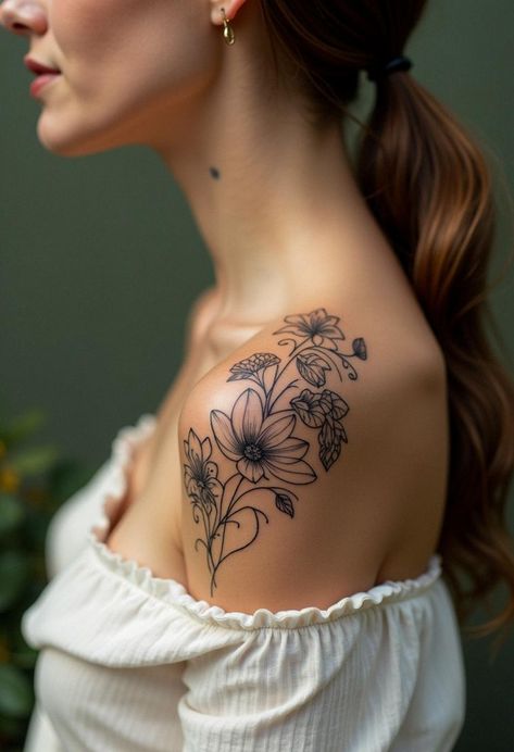 shoulder tattoo for women Draping Shoulder Tattoo, Tiny Shoulder Tattoo, Over The Shoulder Tattoo For Women, Dainty Shoulder Tattoos For Women, Floral Shoulder Cap Tattoo, Shoulder Flower Tattoo, Top Of Shoulder Tattoo, Hydrangea Tattoo, Shoulder Tattoo Ideas