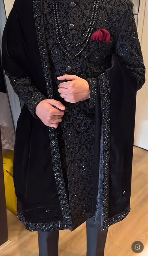 Groom Pakistani Wedding Outfits, Black Sherwani Groom Pakistani, Wedding Suits Men Blue, Black Sherwani, Niqabi Bride, Suit For Men Wedding, God Clothing, Indian Groom Dress, Wedding Kurta For Men