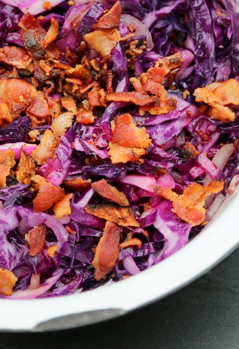 Red Cabbage With Bacon, Front Flower Garden, Sauteed Red Cabbage, Cabbage With Bacon, Red Cabbage Recipes, Red Cabbage Slaw, Cabbage And Bacon, Fall Foods, Meat Dinners