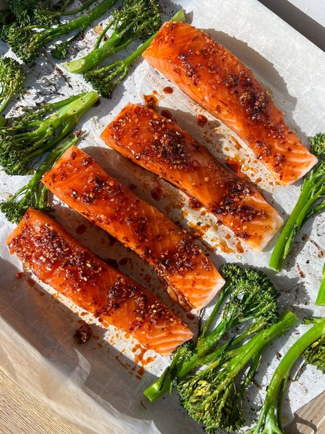 Chili Crisp Honey Salmon - Snacking Emily Chili Crunch Salmon, Chili Onion Crunch Salmon, Spicy Salmon Recipes, Salmon Snack, Oven Salmon, Chili Crisp, Salmon Soy Sauce, Honey Salmon, Salmon Seasoning