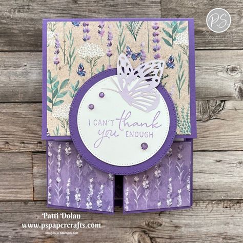 Lavender Card Design, Double Dutch Door Cards, Fancy Card Folds Ideas, Stampin Up Lavender Suite, Folded Cards Ideas Templates, Su Perennial Lavender, Su Painted Lavender, Perennial Lavender Cards, Stampin Up Perennial Postage