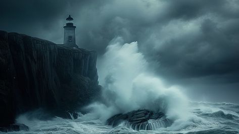 Stormy Lighthouse View: A solitary lighthouse stands resolute against a dramatic storm with waves crashing on the rugged cliffs. #lighthouse #storm #waves #cliffs #sea #dark #dramatic #brooding #aiart #aiphoto #stockcake https://ayr.app/l/PbHa Stormy Lighthouse, Storm Waves, Cloud Kingdom, Lighthouse Storm, Ocean Cliff, Sea Storm, Sea Cliff, Storm Photography, The Howling