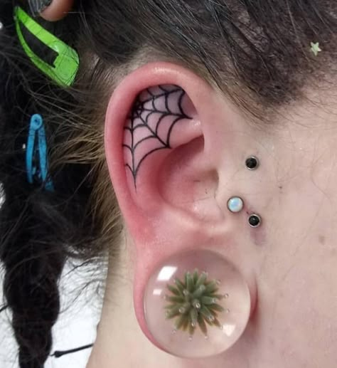 Spider Web In Ear Tattoo, Ear Web Tattoo, Web Ear Tattoo, Gothic Ear Tattoo, Cobweb Ear Tattoo, Spider Web Behind Ear Tattoo, Goth Ear Tattoo, Creepy Knee Tattoos, Spider Web Ear Tattoo