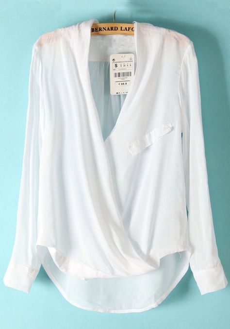 Dip Hem Blouse, 2013 Style, Sheer Long Sleeve Top, Draped Blouse, White Long Sleeve Blouse, Hem Blouse, Loose Blouse, Collar Blouse, White Long Sleeve