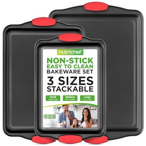 NutriChef 3-Piece Nonstick Kitchen Oven Baking Pans - Premium & Stylish Non-Stick Steel, Commercial Grade Restaurant Quality Metal Bakeware with Red Silicone Handles - Easy to Clean, NCSBS3S Roasting Vegetables, Baking Pans Set, Oven Pan, Sheet Cakes, Cooking Spray, Butter Oil, Kitchen Oven, Bakeware Set, Baking Set